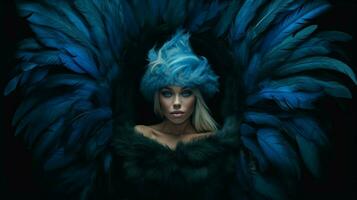 une femme avec bleu yeux et une bleu plume sur sa photo
