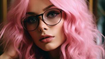 une femme avec rose cheveux et des lunettes sur sa visage est photo