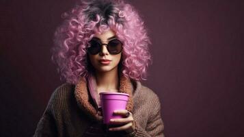 une femme avec des lunettes de soleil et une rose tasse de café photo