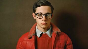 une Jeune homme portant des lunettes avec une rouge chandail un photo