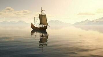 calme mer avec viking navire voile sur le horizon photo
