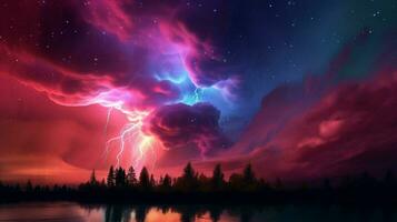 spectaculaire ciel avec électrique bleu fusées éclairantes et rose photo
