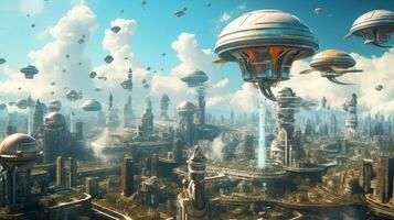 onirique scène de futuriste ville avec flottant photo