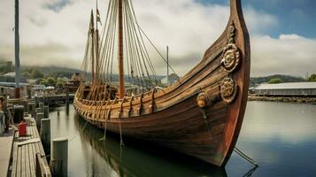 grandeur nature viking navire amarré à port avec voiles photo