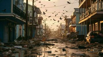 en volant débris et des ordures dans des rues après ouragan photo