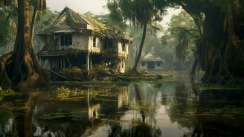 ruiné Maisons dans inondé forêt après conséquences photo