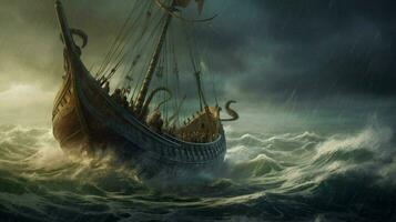 orageux mer avec viking navire équitation le vagues photo