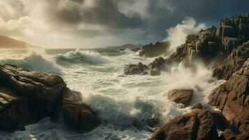 orageux temps et rugueux les mers avec vagues s'écraser photo