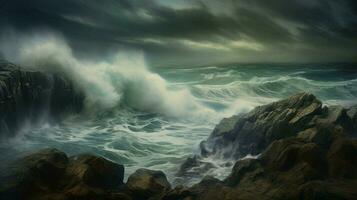 orageux temps et rugueux les mers avec vagues s'écraser photo