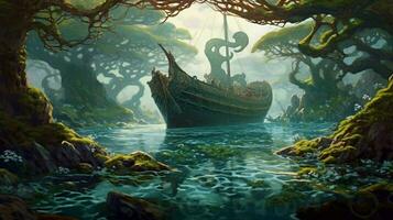 marée bassin avec viking navire à ancre entouré photo