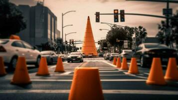 circulation cône dans le milieu de occupé intersection photo