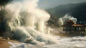 tsunami les coups littoral avec massif vague inondation photo