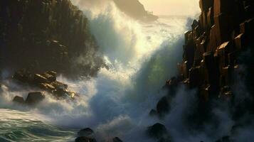 tsunami vague se bloque contre déchiqueté rochers photo
