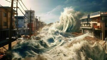 tsunami vague se bloque dans côtier ville inondation photo