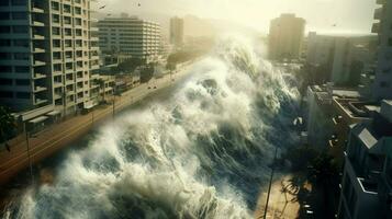 tsunami vague se bloque dans côtier ville inondation photo