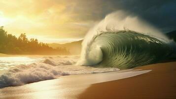 tsunami vague s'écraser dans déserté plage photo