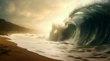 tsunami vague s'écraser dans déserté plage photo