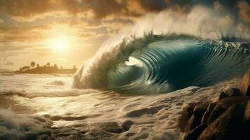 tsunami vague s'écraser dans déserté plage photo