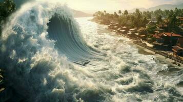 tsunami vague Rouleaux sur rive apportant photo