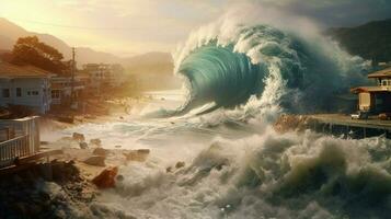 tsunami vague Rouleaux sur rive apportant photo