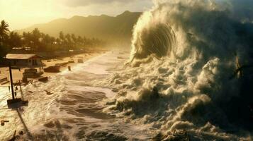 tsunami vague Rouleaux sur rive apportant photo