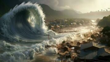 tsunami vague Rouleaux sur rive apportant photo