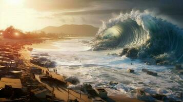 tsunami vague Rouleaux sur rive apportant photo