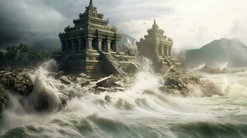 tsunami vague se précipite passé ruiné temple et détruire photo