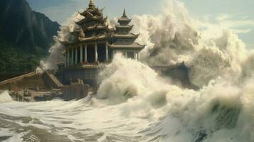 tsunami vague se précipite passé ruiné temple et détruire photo