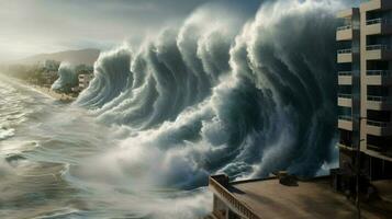 tsunami vagues crash contre grand digue Protecti photo