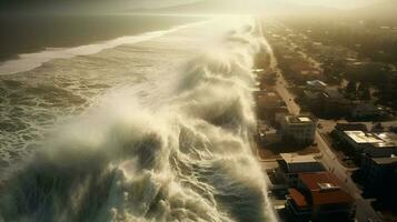 tsunami vagues crash sur rive et violation côtier photo