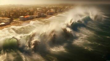 tsunami vagues crash sur rive et violation côtier photo