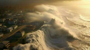 tsunami vagues crash sur rive et violation côtier photo