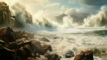 tsunami vagues s'écraser contre rocheux littoral photo