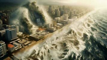 tsunami vagues s'écraser dans côtier ville inondation photo