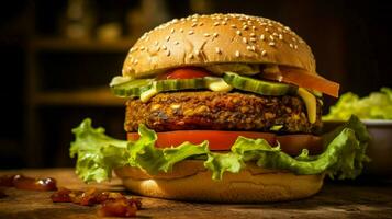 végétarien Burger sur grains entiers chignon avec salade tomate photo