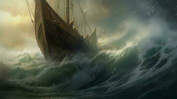 viking navire dans orageux mer vagues s'écraser contre photo