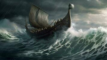 viking navire sur orageux océan avec vagues s'écraser une photo