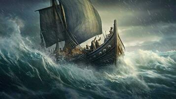 viking navire sur orageux mer avec vagues s'écraser ove photo