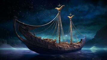 viking navire voiles parmi le étoiles avec majestueux v photo