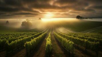 vignoble entouré par brumeux lever du soleil rayons de soleil slo photo