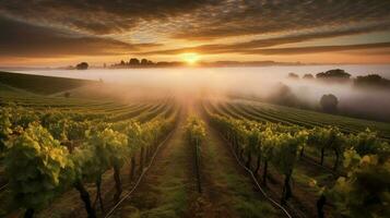 vignoble entouré par brumeux lever du soleil rayons de soleil slo photo