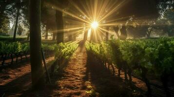 vignoble avec rayons de soleil brillant par le des arbres photo