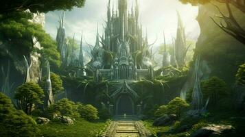 une futuriste elfique Château dans une magique forêt photo