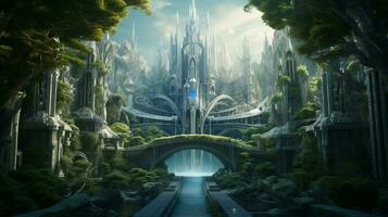 une futuriste elfique Château dans une magique forêt photo