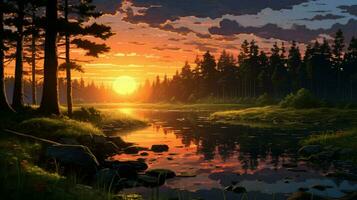 magnifique anime le coucher du soleil paysage forêt forêt volume photo
