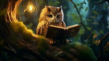 un hibou en train de lire sur une arbre photo