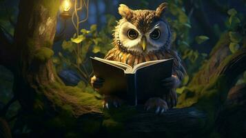 un hibou en train de lire sur une arbre photo