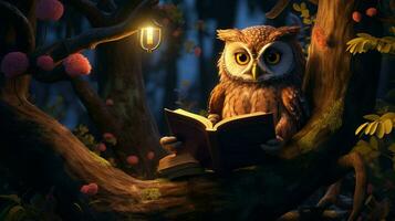 un hibou en train de lire sur une arbre photo