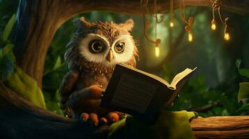 un hibou en train de lire sur une arbre photo